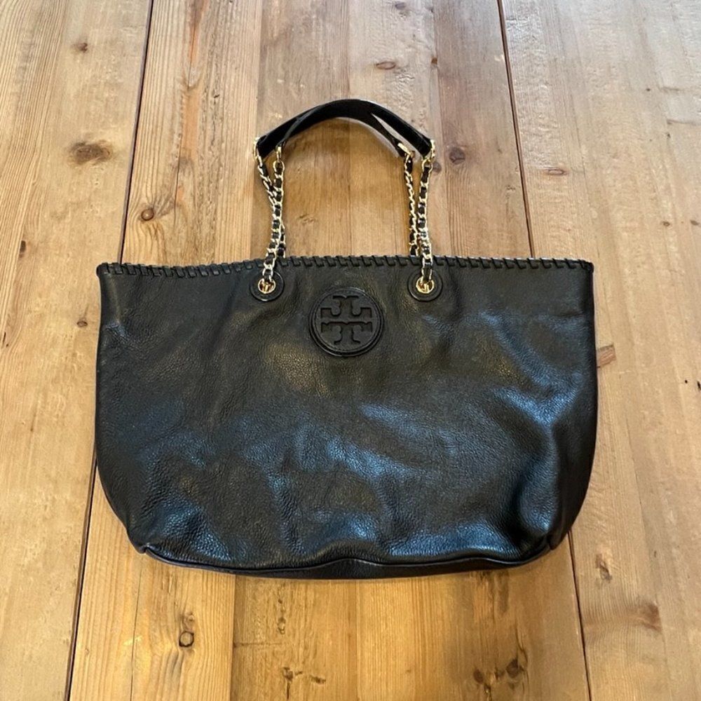 Tory Burch Black Marion Pebble Leather Bag with Gold Accents